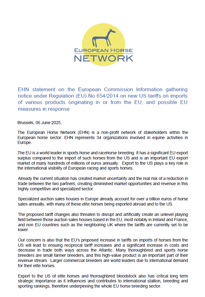 EHN statement on the EU Commission Information gathering  notice under Regulation (EU) No 654/2014 on new US tariffs on imports  of various products originating in or from the EU)